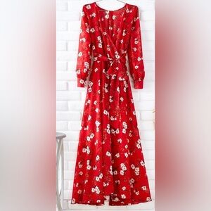 Indigo Rose Red Floral Wrap Maxi Dress Tie Waist Long Sleeve | L